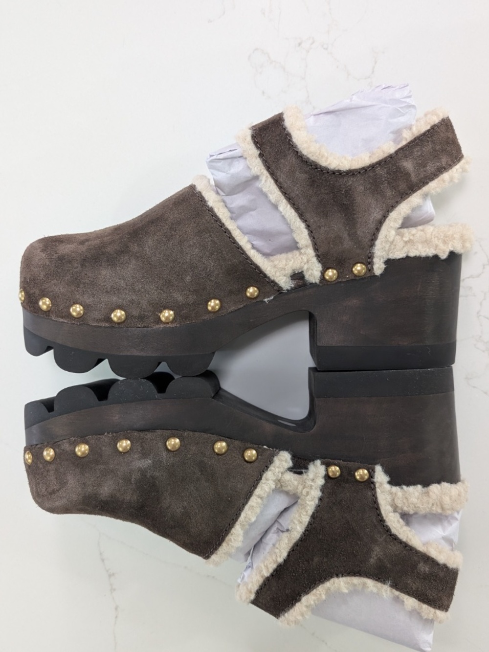 Tory Burch Shearling Lug Sole Clogs Suede Deep Espresso Brown Size 9 NIB 70mm - Picture 16 of 17